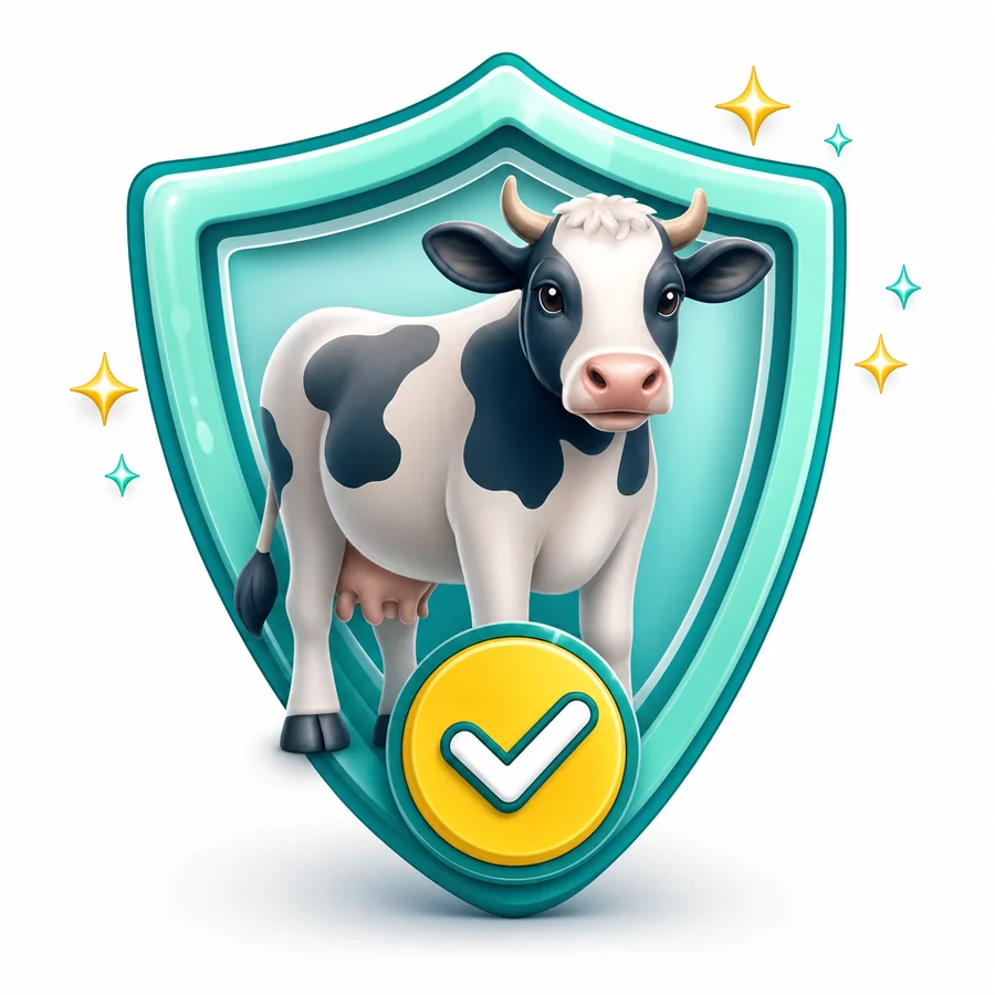Cow with an insurance shield representing livestock mortality cover