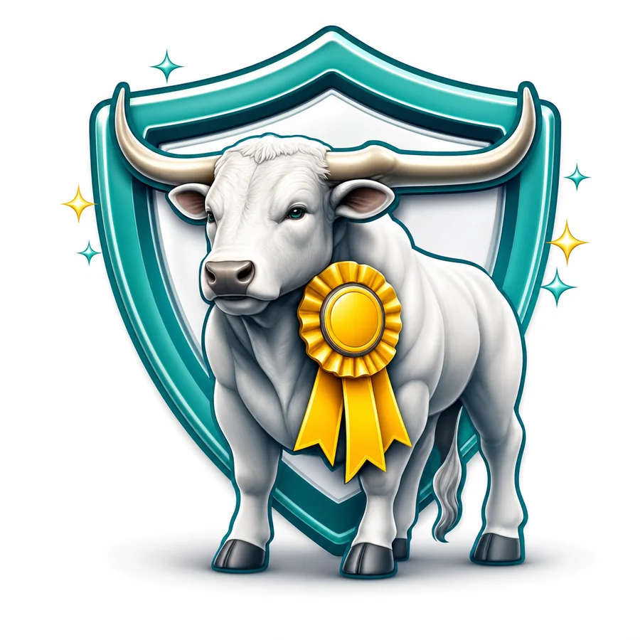 Prize bull with a rosette representing stud stock and individual animal cover