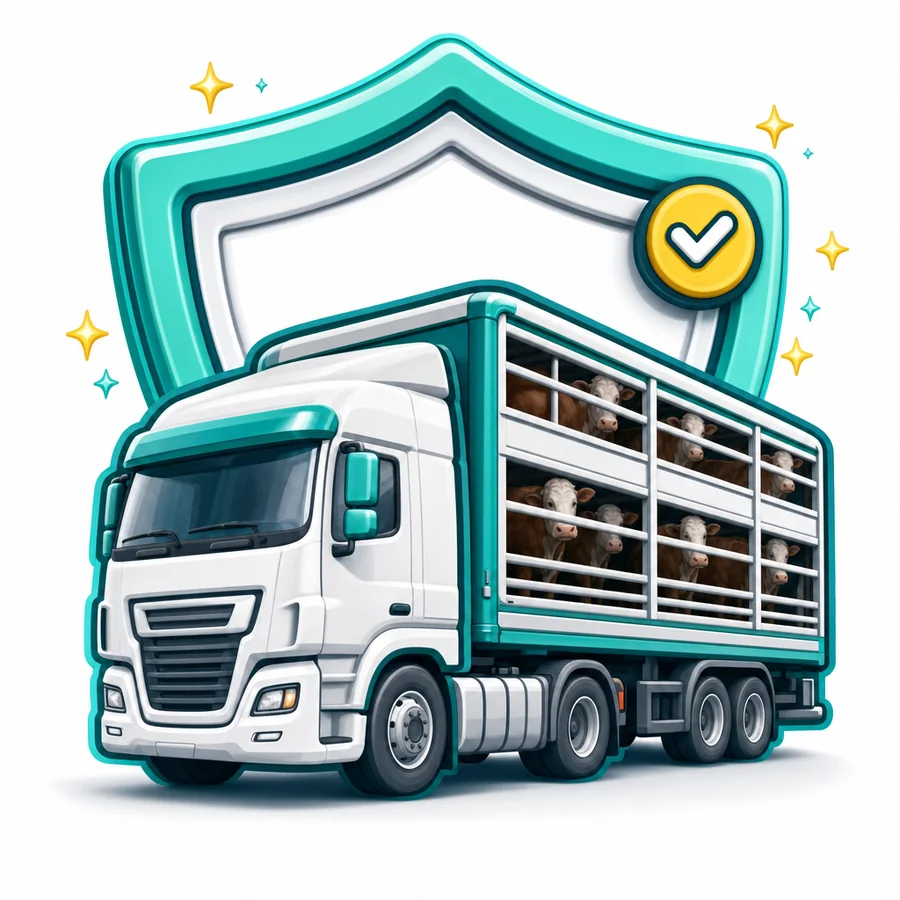 Livestock crate on a truck with a shield representing death in transit cover