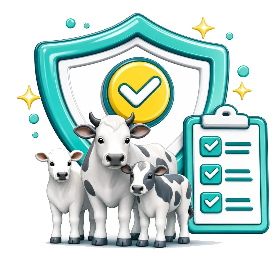 Livestock insurance icon showing cattle beside a shield and a checklist, representing cover on the value of herds, flocks and stud stock in Australia.