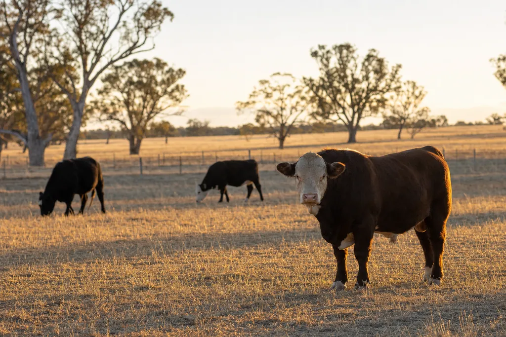 Beef cattle grazing a dry Australian paddock at golden hour