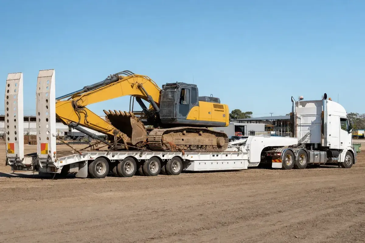 Heavy-haulage low-loader float trailer carrying a yellow excavator behind a prime mover at an Australian depot