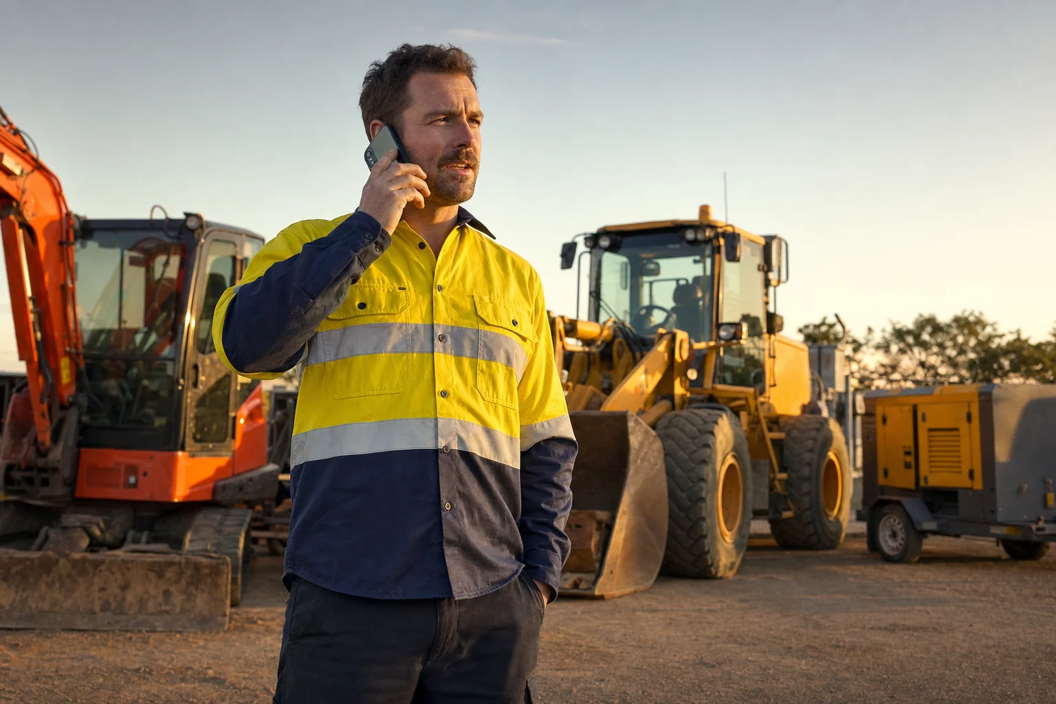 Plant operator on the phone to their insurance broker beside mixed machinery on an Australian equipment yard