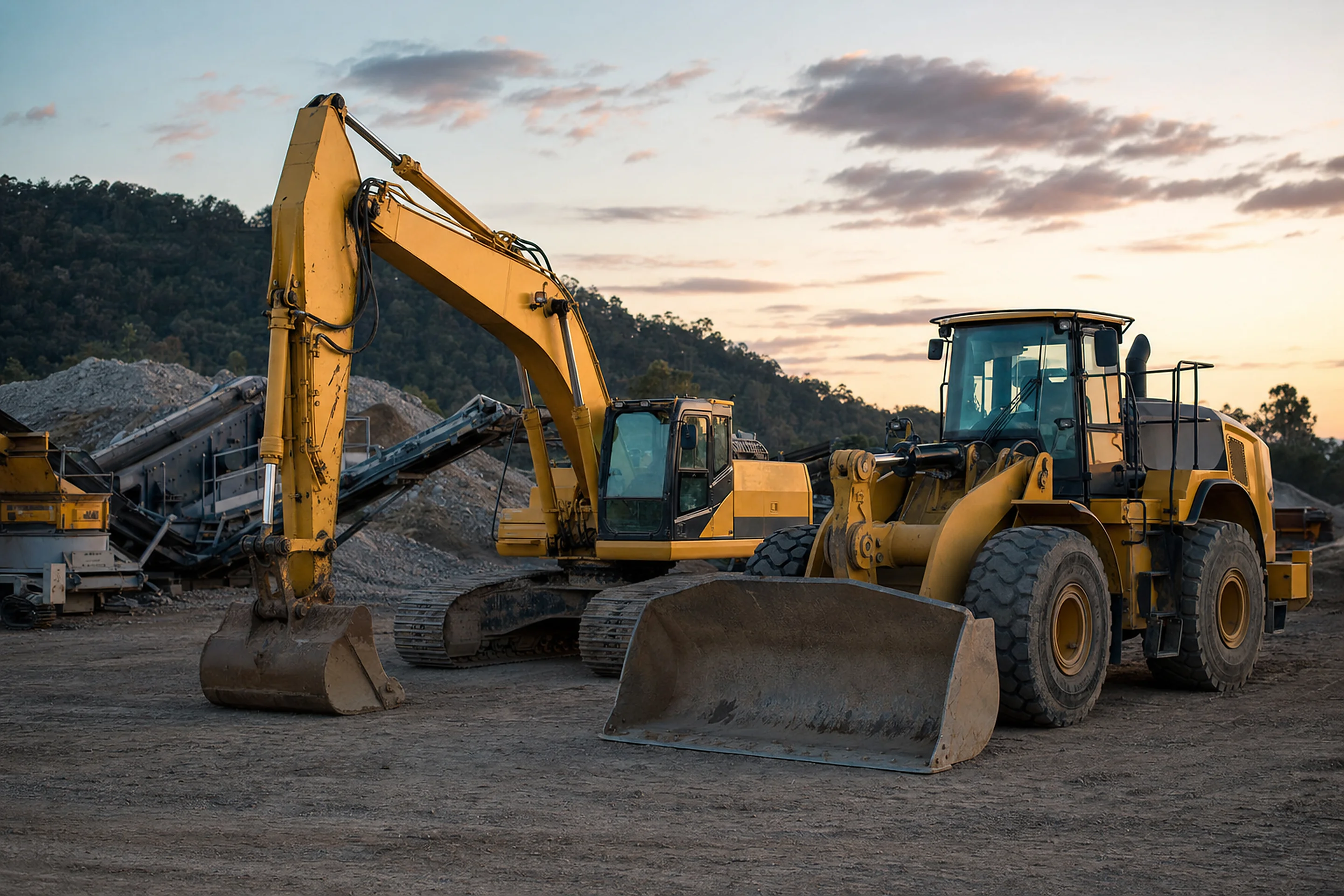 Mixed mobile plant and machinery on an Australian construction yard at dusk