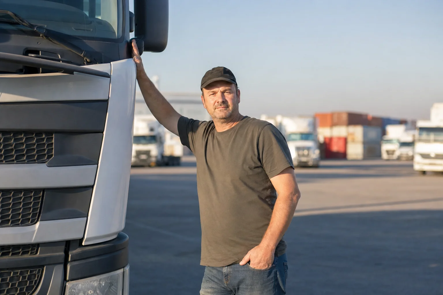Australian owner-driver standing beside his prime mover at a transport depot