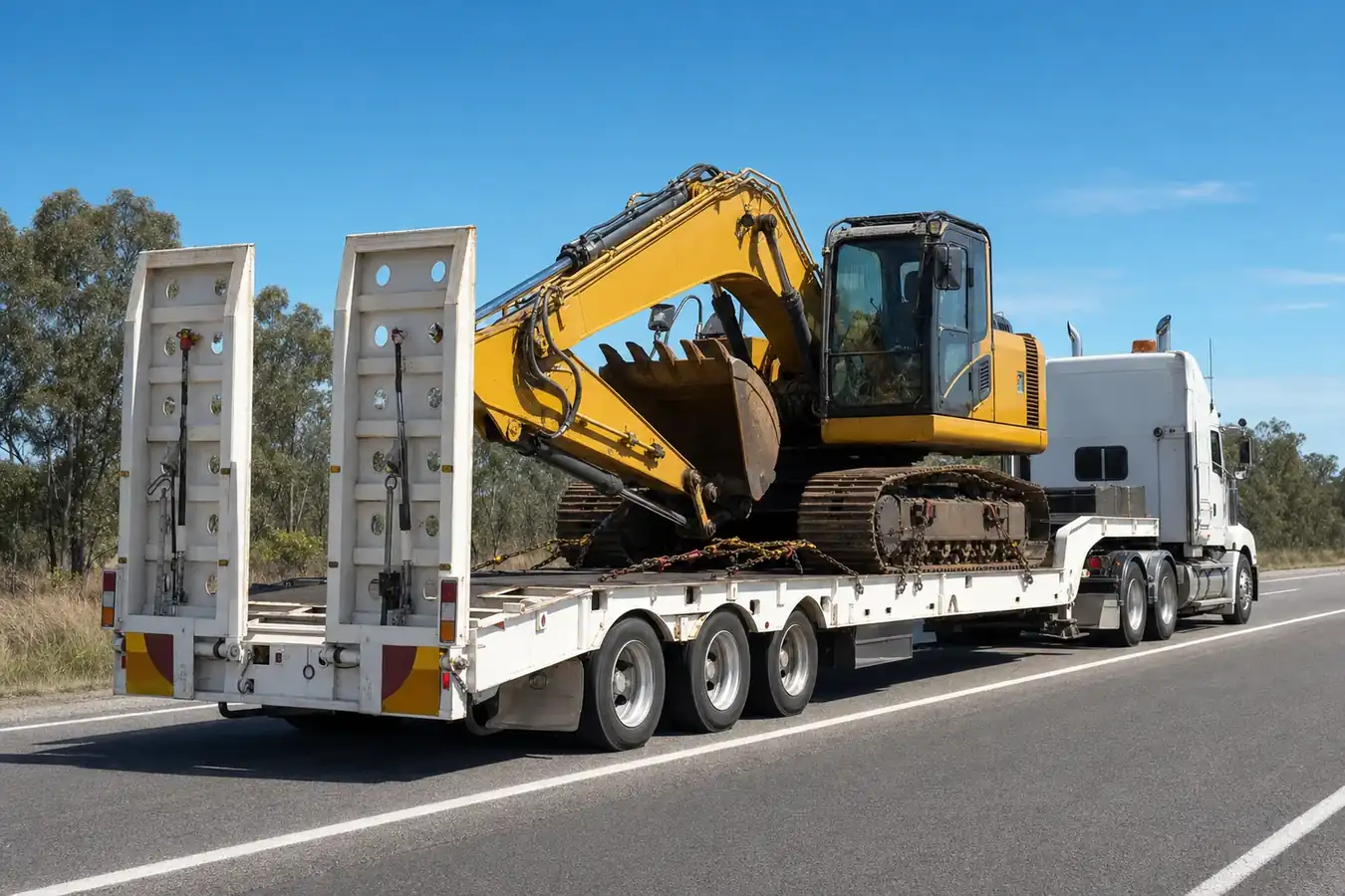 Tracked excavator floated out on a low loader on an Australian highway