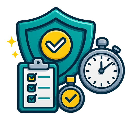 Rapid response icon showing a stopwatch, insurance protection shield and claims checklist for fast truck insurance claims support.