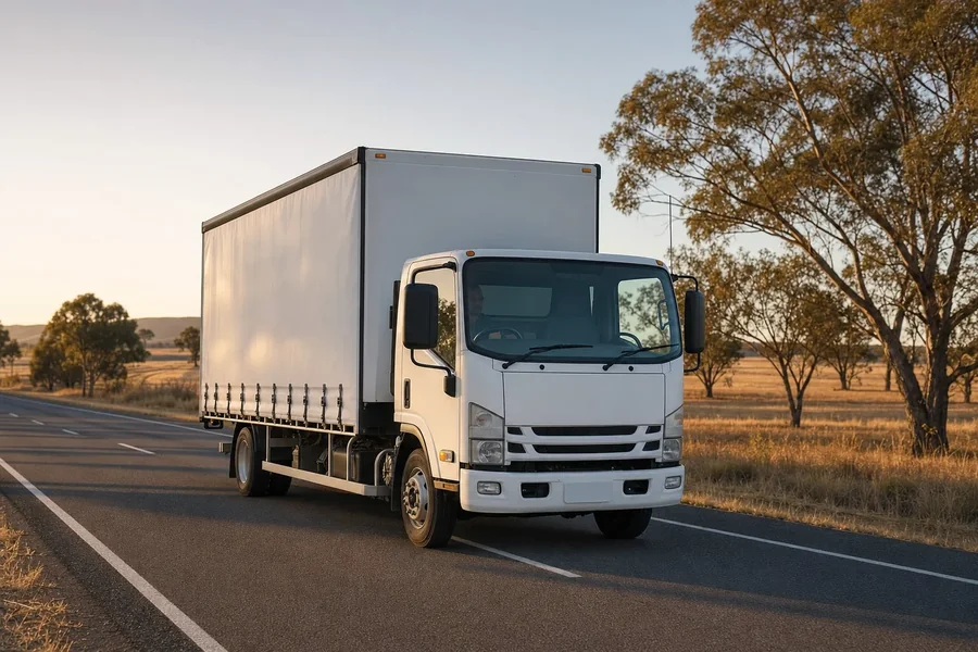 Curtainsider rigid truck carrying general freight on an Australian rural highway