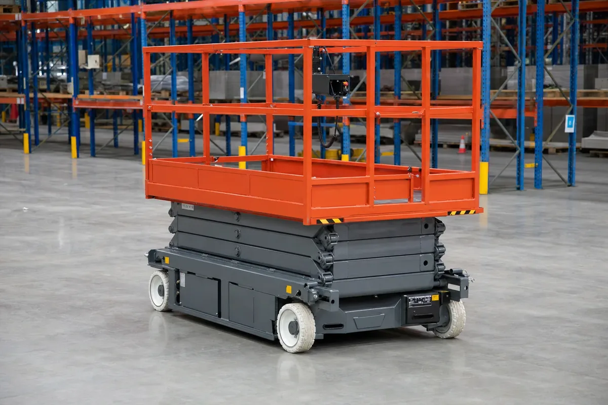Compact electric scissor lift lowered on a warehouse floor in Australia
