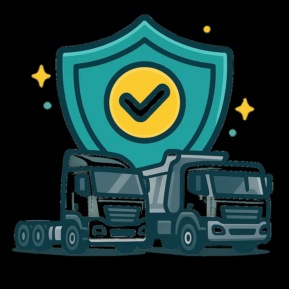 Specialist transport insurance illustration featuring freight trucks, heavy equipment, logistics operations and tailored business insurance support.