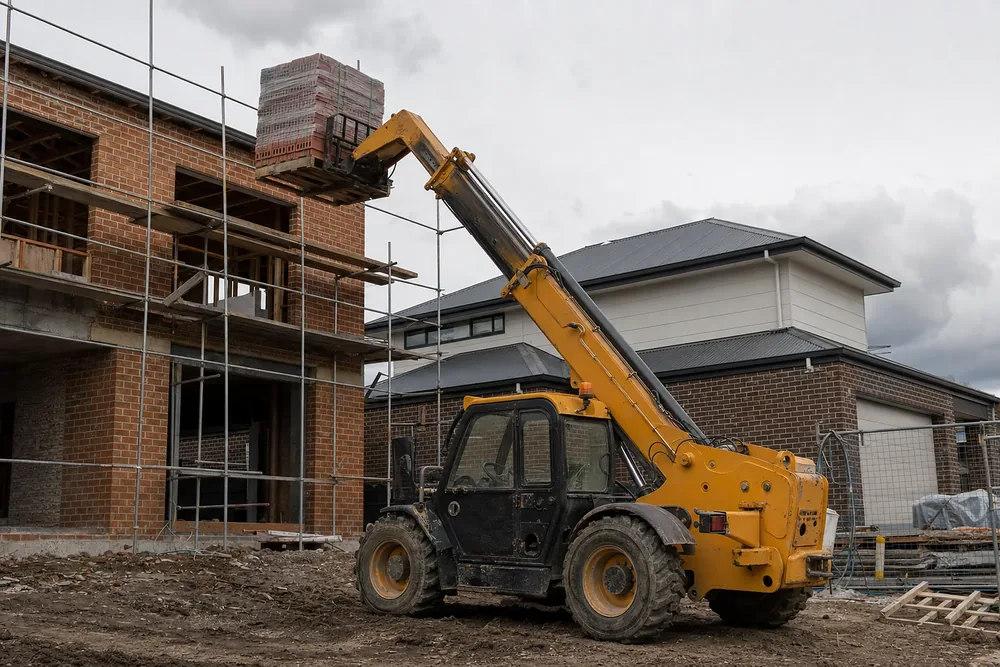 Rough terrain telehandler lifting a pallet to a first floor on an Australian construction site
