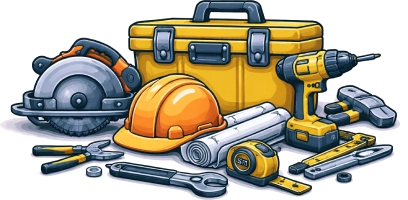 Tools and equipment icon showing construction toolbox, drill and trade tools used by contractors and trades across Australia.