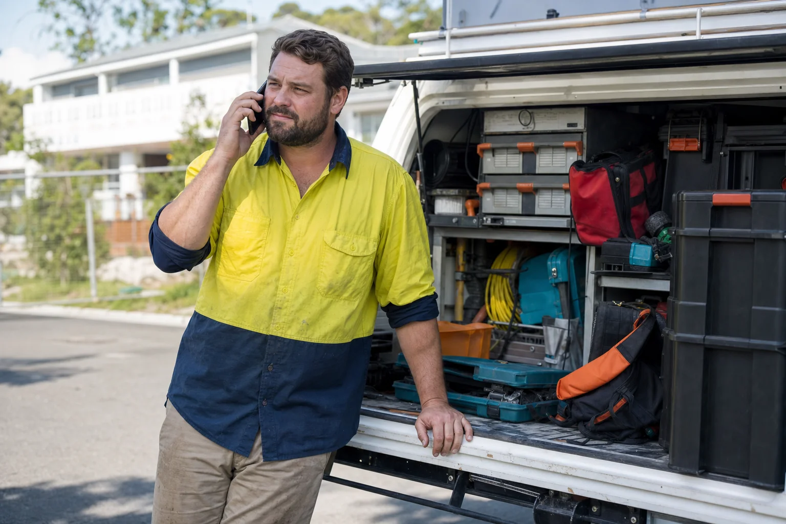 Tradesperson on the phone to their insurance broker beside a ute loaded with trade tools in Australia