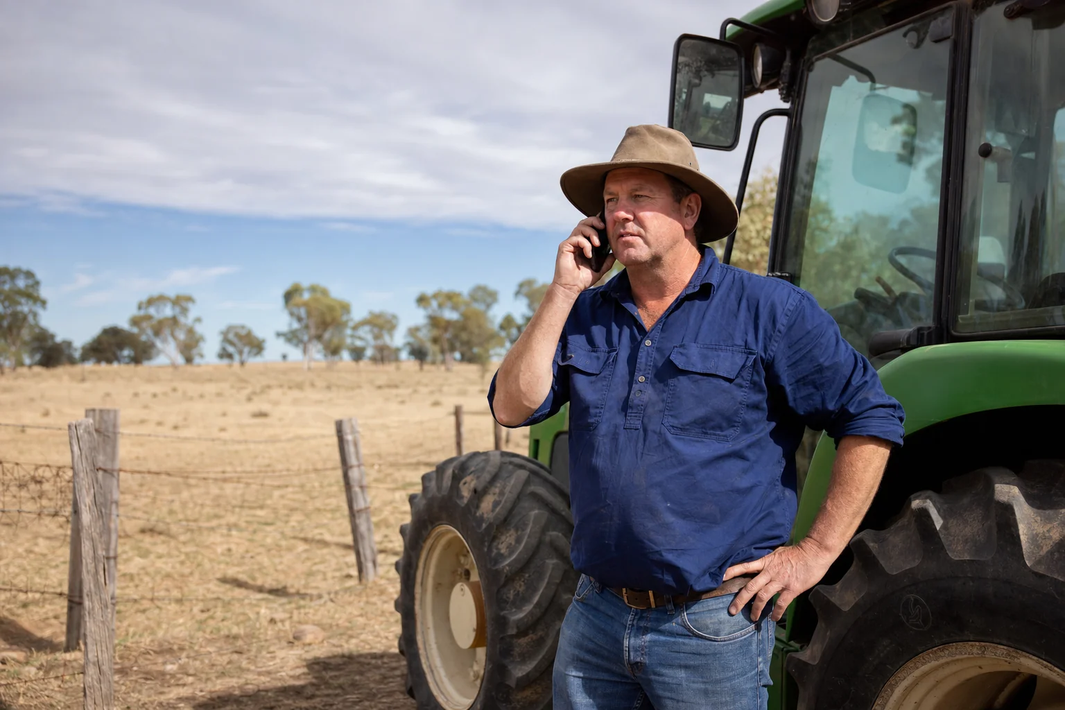 Australian farmer on the phone to their insurance broker beside a tractor on the property