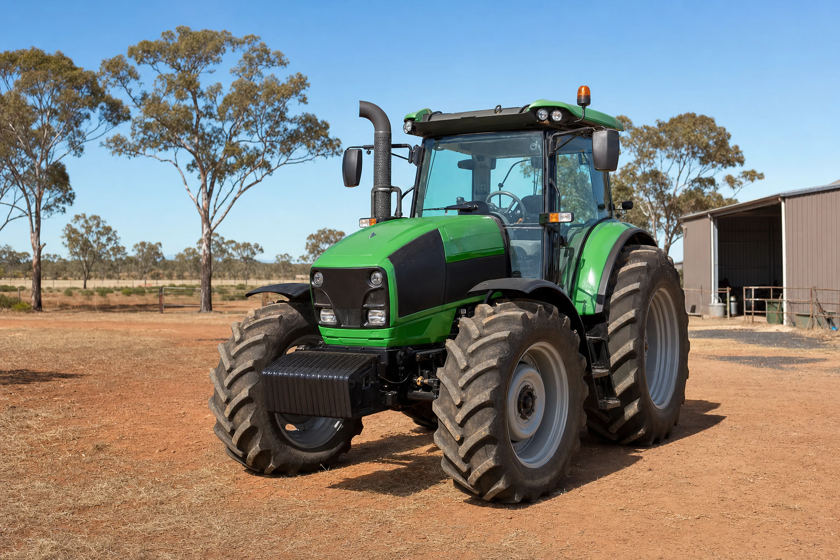 Green farm tractor parked on an Australian rural property