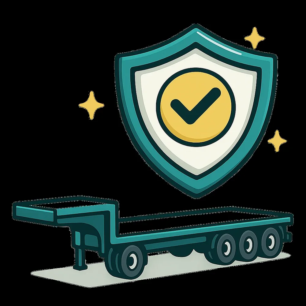 Illustration of a prime mover and flat-top trailer with an insurance shield representing trailer-focused advice