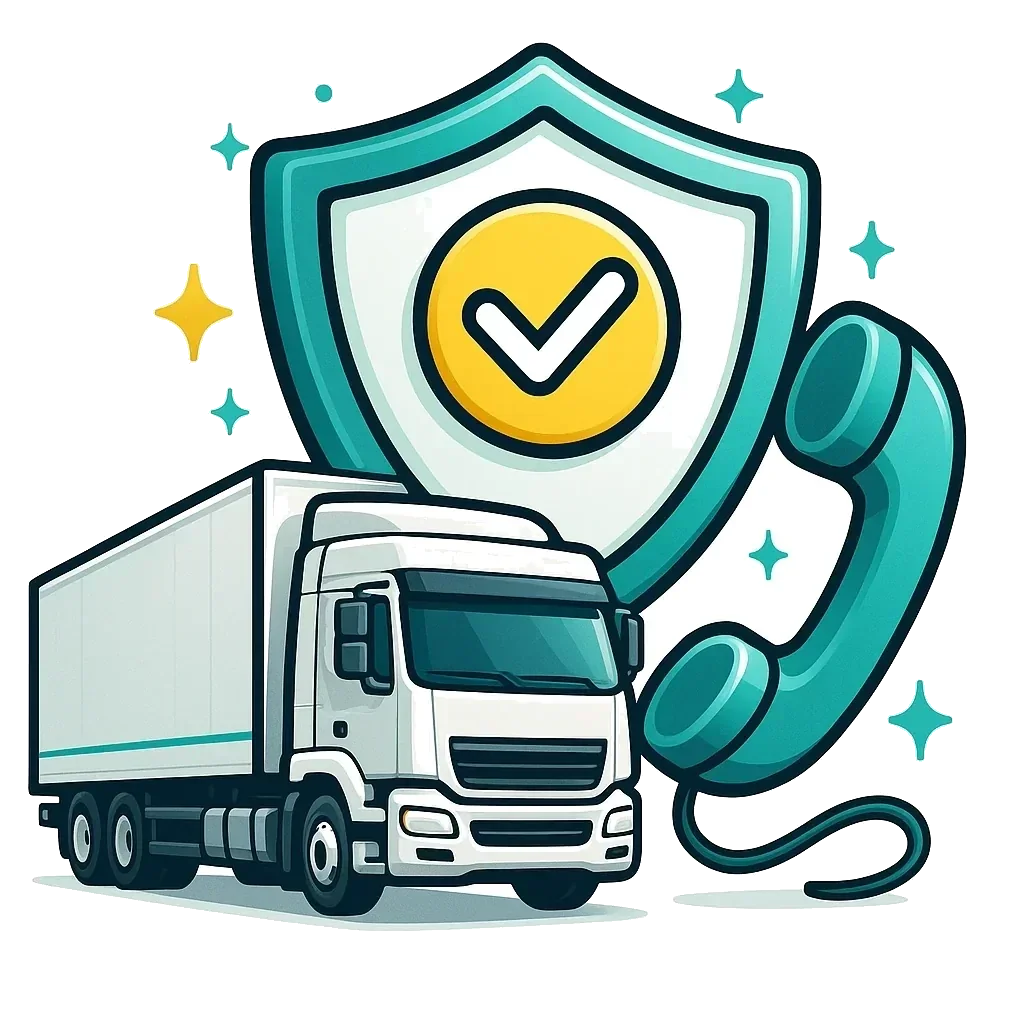 Illustration of a trailer with a claim document and support phone representing claims coordination