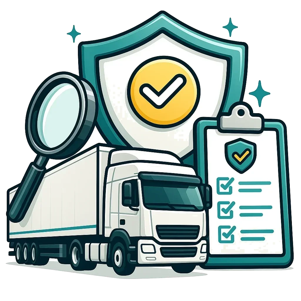 Illustration of a trailer being reviewed with a magnifying glass and checklist representing trailer value and risk reviews