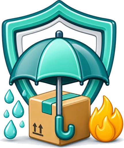 Parcel sheltered from rain and flame under a shield representing fire flood and weather cover