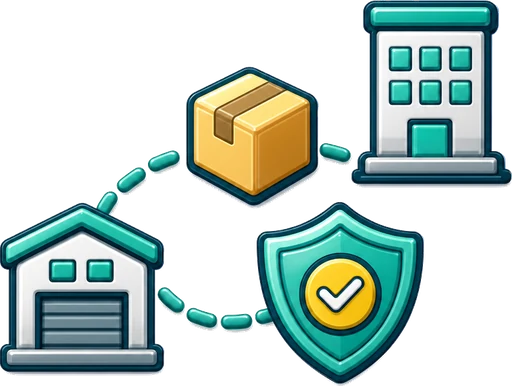 Illustration of a parcel travelling along a route line between two buildings under an insurance shield representing door to door transit cover