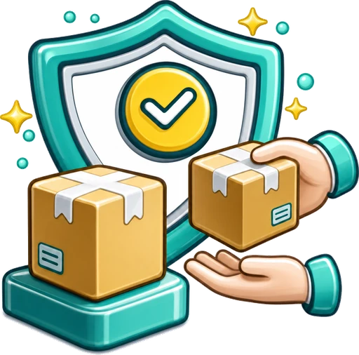 Illustration of two stacked parcels, one marked owned and one being handed over, under an insurance shield representing own goods and customers goods