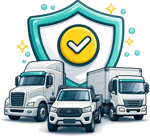 Illustration of a van, ute and rigid truck grouped under an insurance shield representing goods in transit cover across every vehicle type