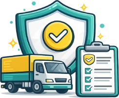Transport liability insurance icon showing a truck, shield and freight checklist representing carrier liability and freight responsibility cover for transport operators in Australia.