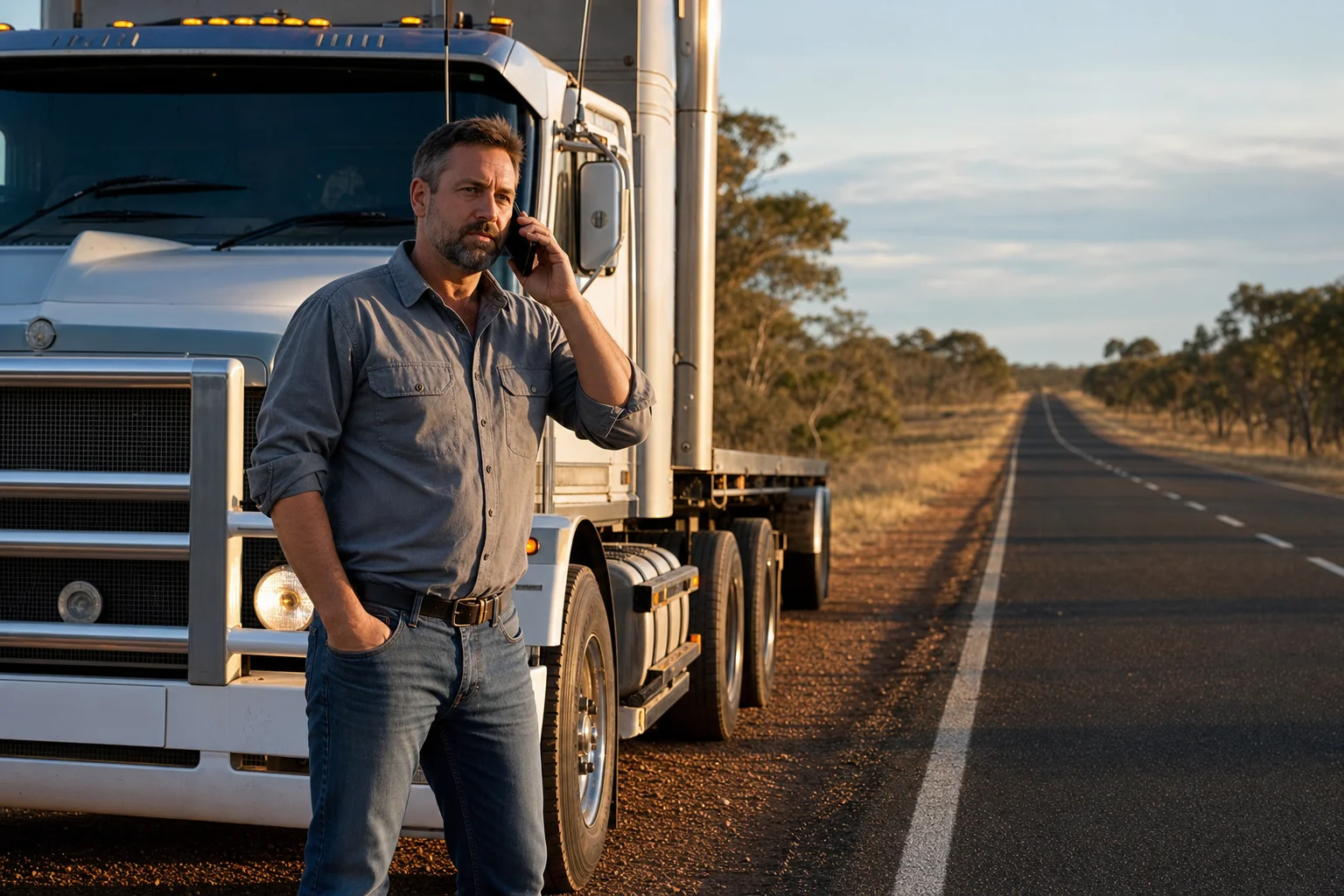 Australian truck owner-driver on the phone beside his prime mover on a rural highway shoulder