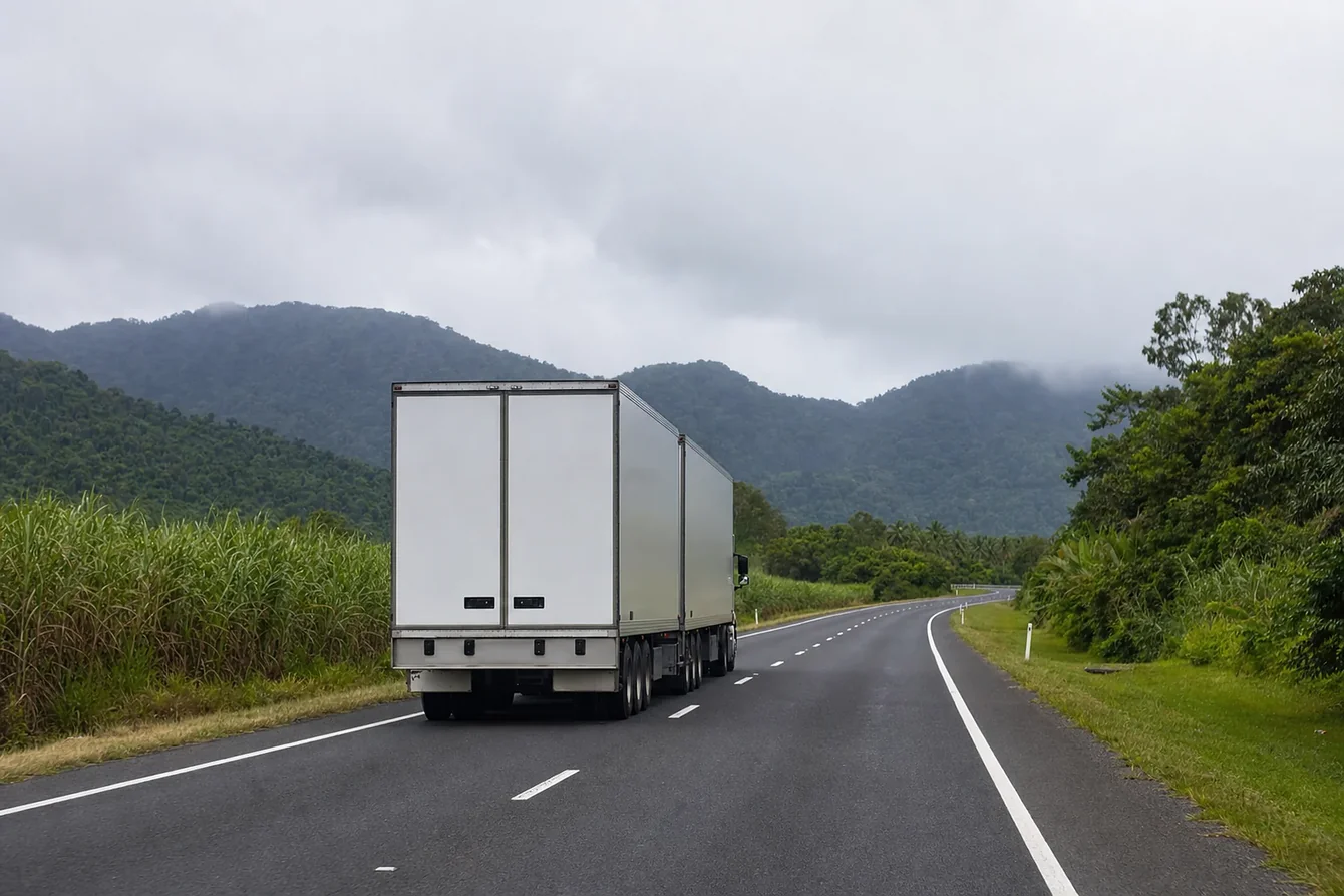 B-double keeping left on a coastal Queensland highway, sugar cane on the verge and misted rainforest ranges ahead