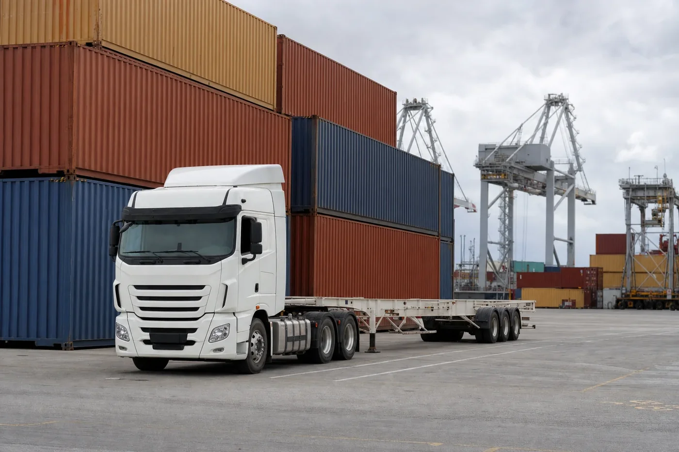 Prime mover and skeletal trailer waiting beside stacked shipping containers at an Australian port terminal