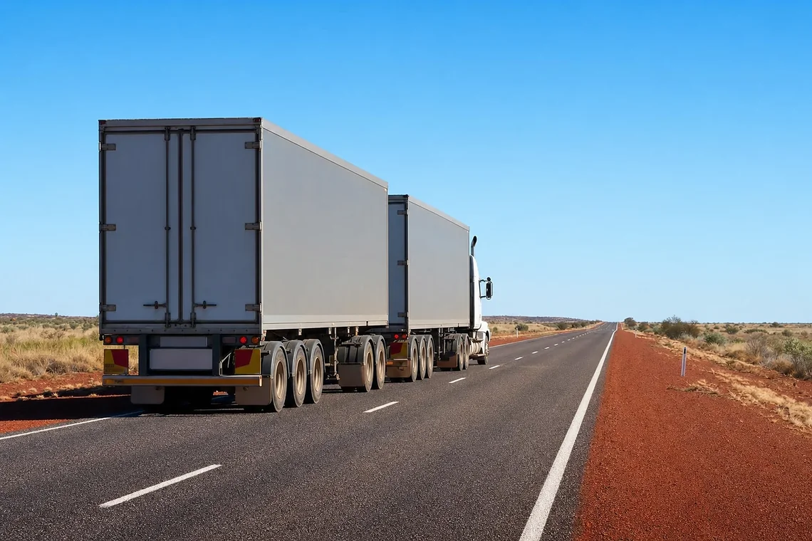 Road train hauling two trailers away along a sealed highway through inland Western Australia, keeping left of the centre line