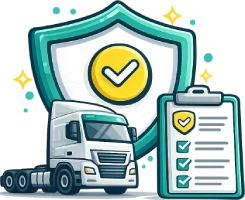 Truck insurance icon showing a prime mover truck with shield protection representing insurance cover for rigid trucks, prime movers and heavy transport vehicles in Australia.