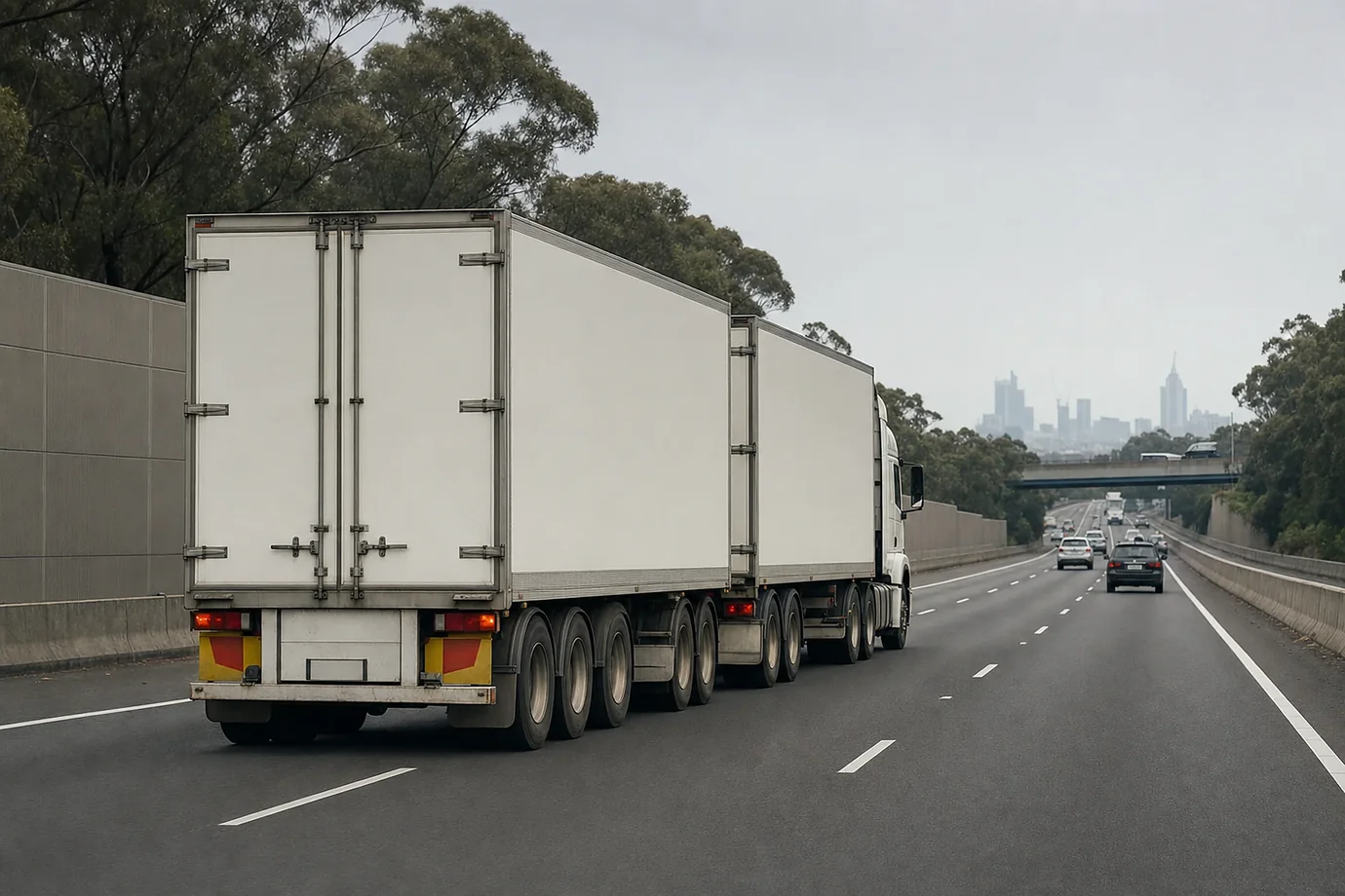 B-double keeping left on a multi-lane urban motorway, sound walls either side and a city skyline in the haze beyond