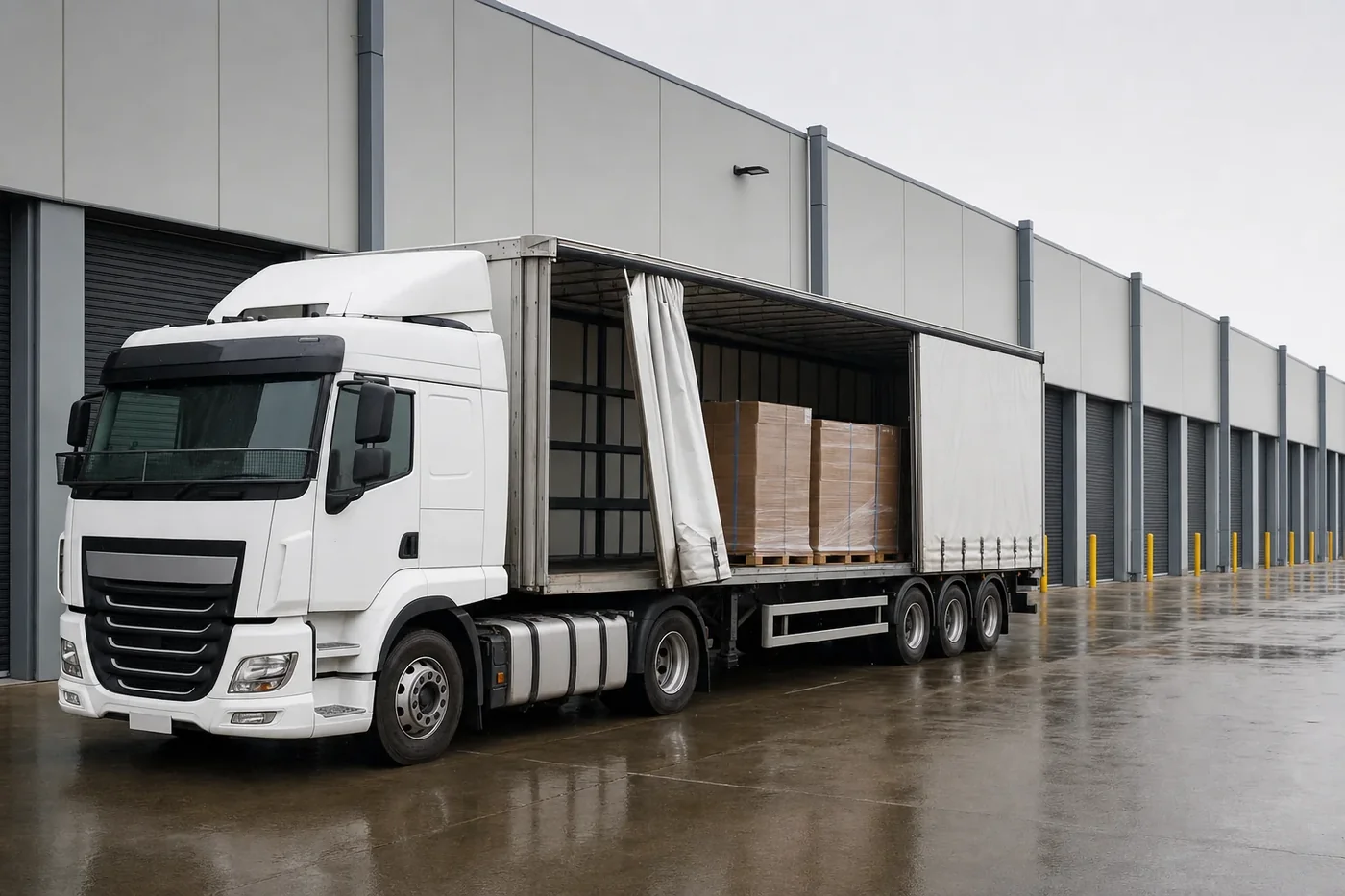 Curtainsider trailer open at a distribution warehouse dock with pallets loaded on the deck