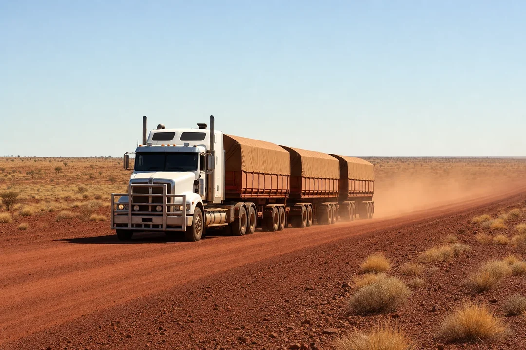 Road train hauling covered bulk trailers along an unsealed red dirt haul road in the Pilbara