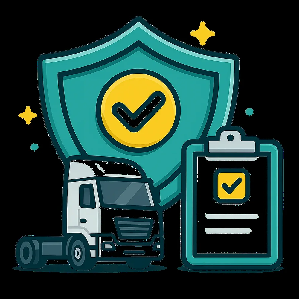 Transport risk illustration featuring a freight truck, forklift, cargo and operational risk checklist for transport and logistics insurance.
