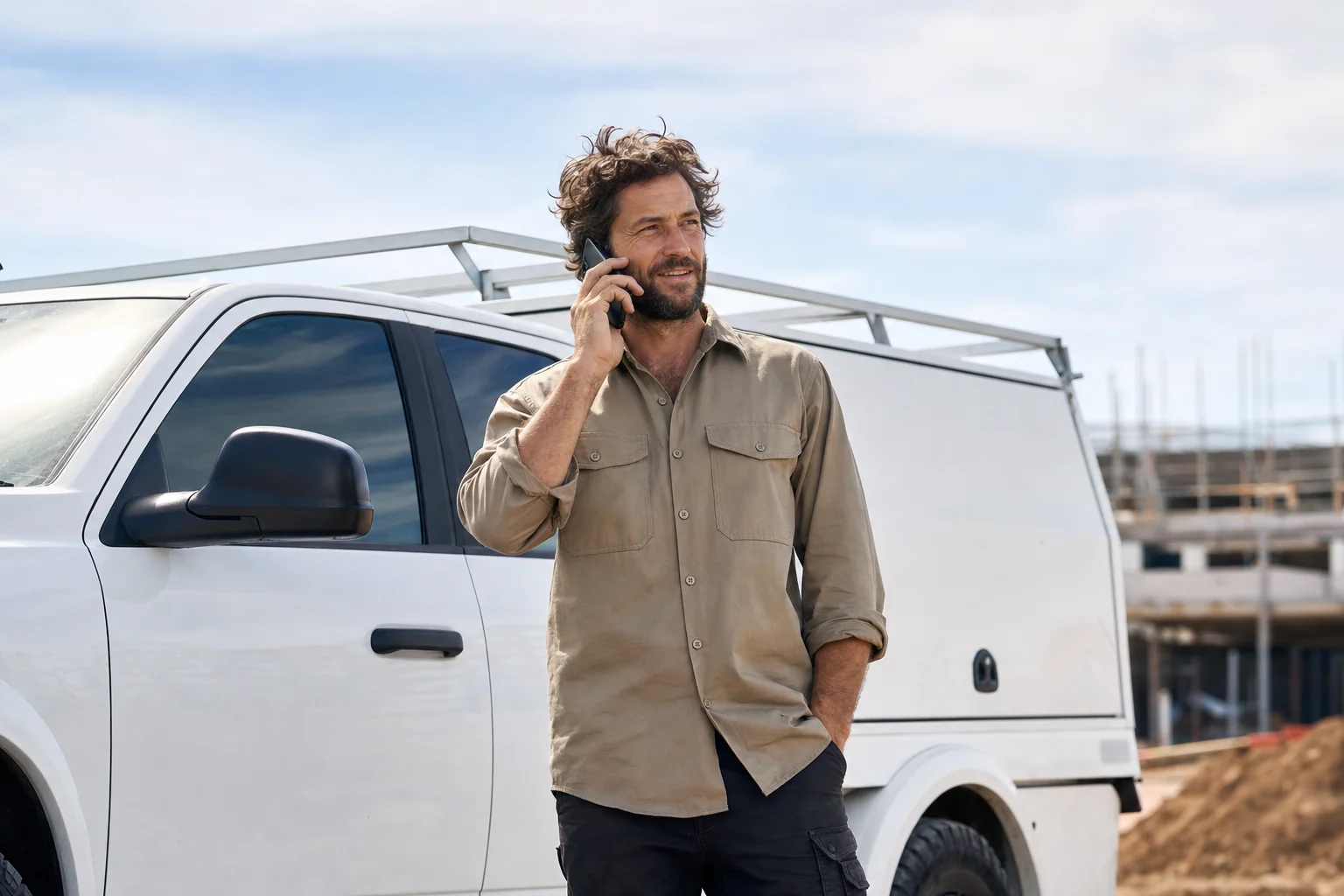 Australian tradie on the phone to their insurance broker beside their work ute