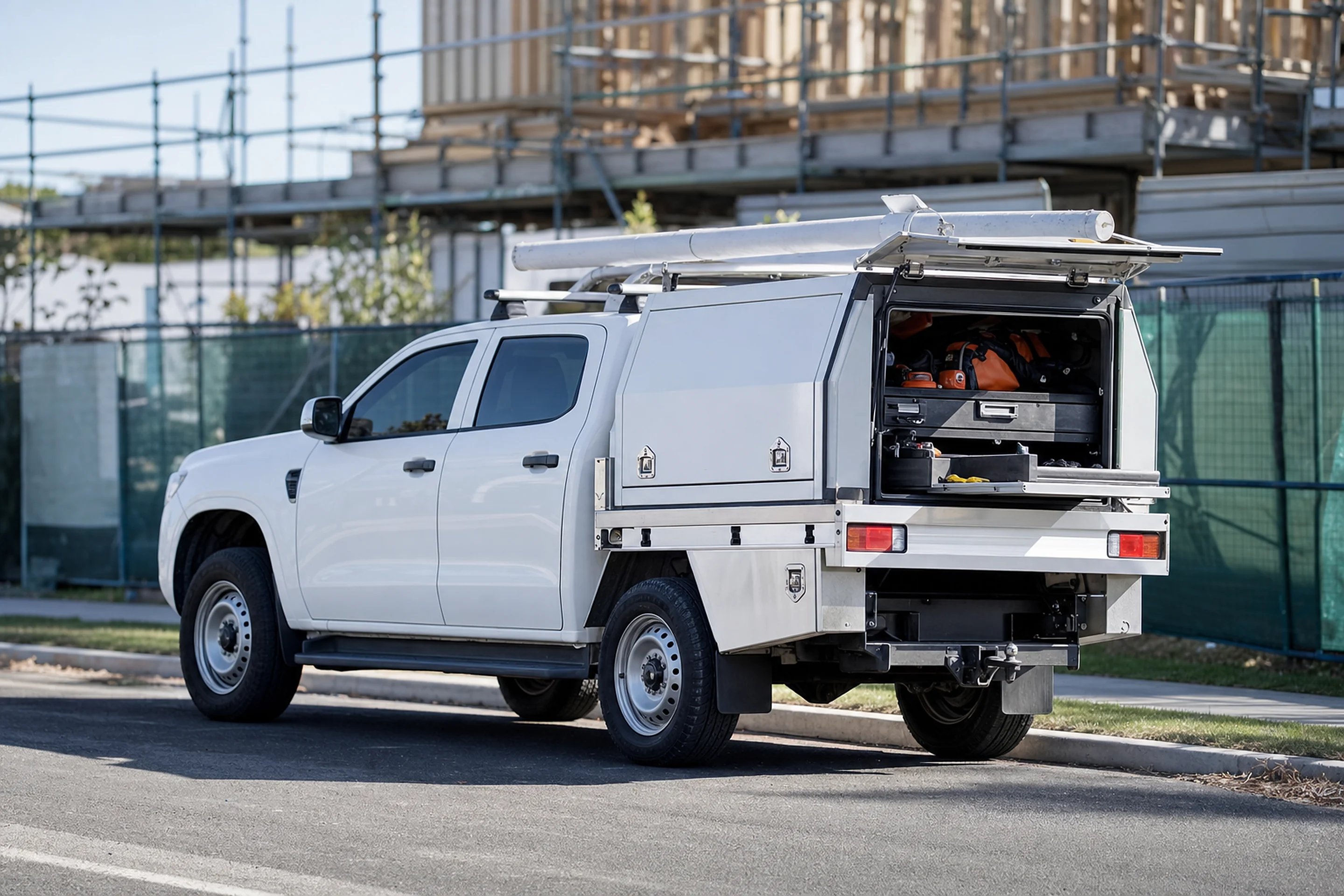 Australian tradesperson's dual cab work ute with canopy and toolboxes parked at a job site