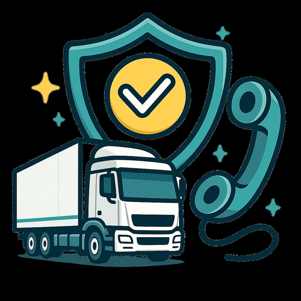Teal shield with a truck and support headset representing claims advocacy