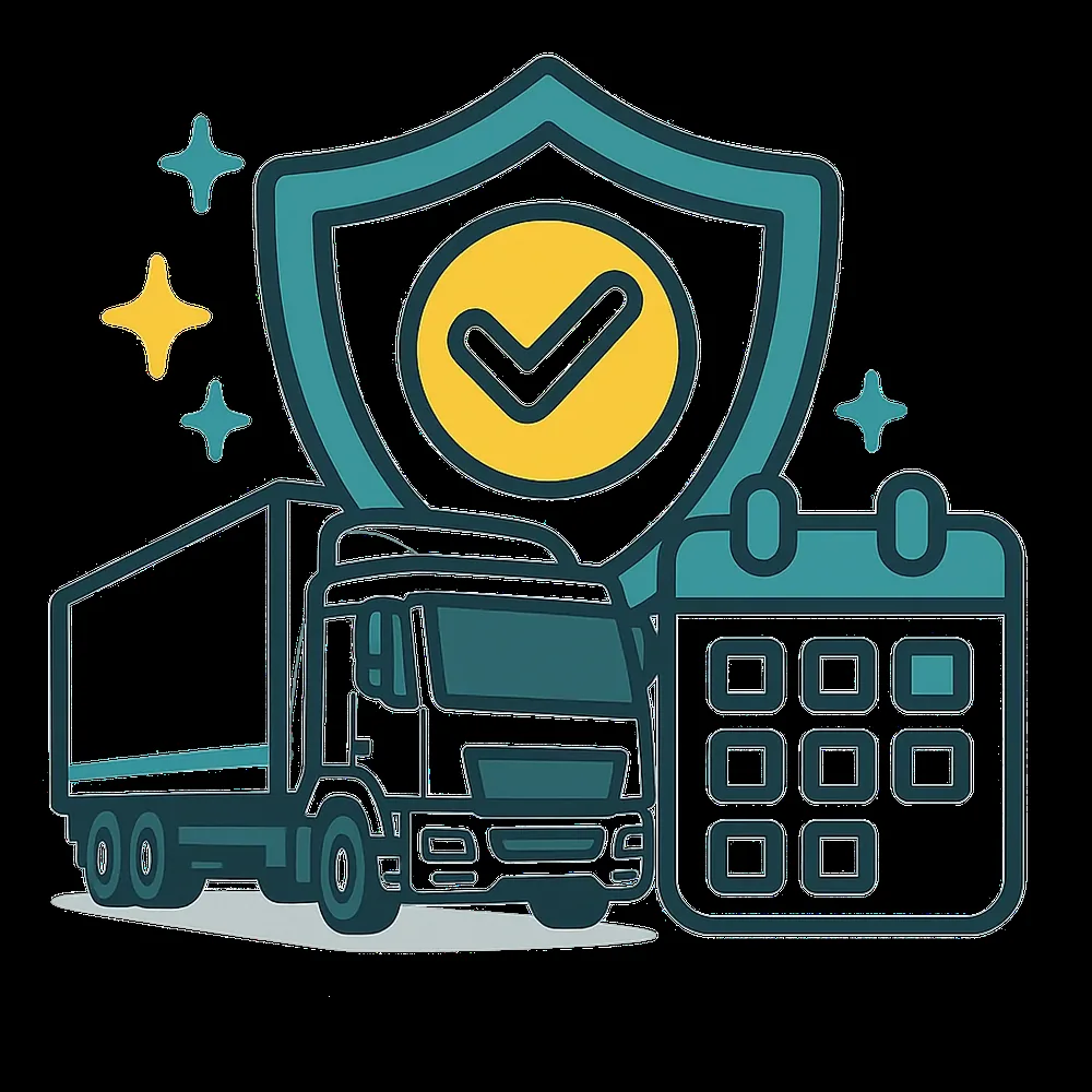 Teal shield with a truck and calendar representing a long-term relationship focus