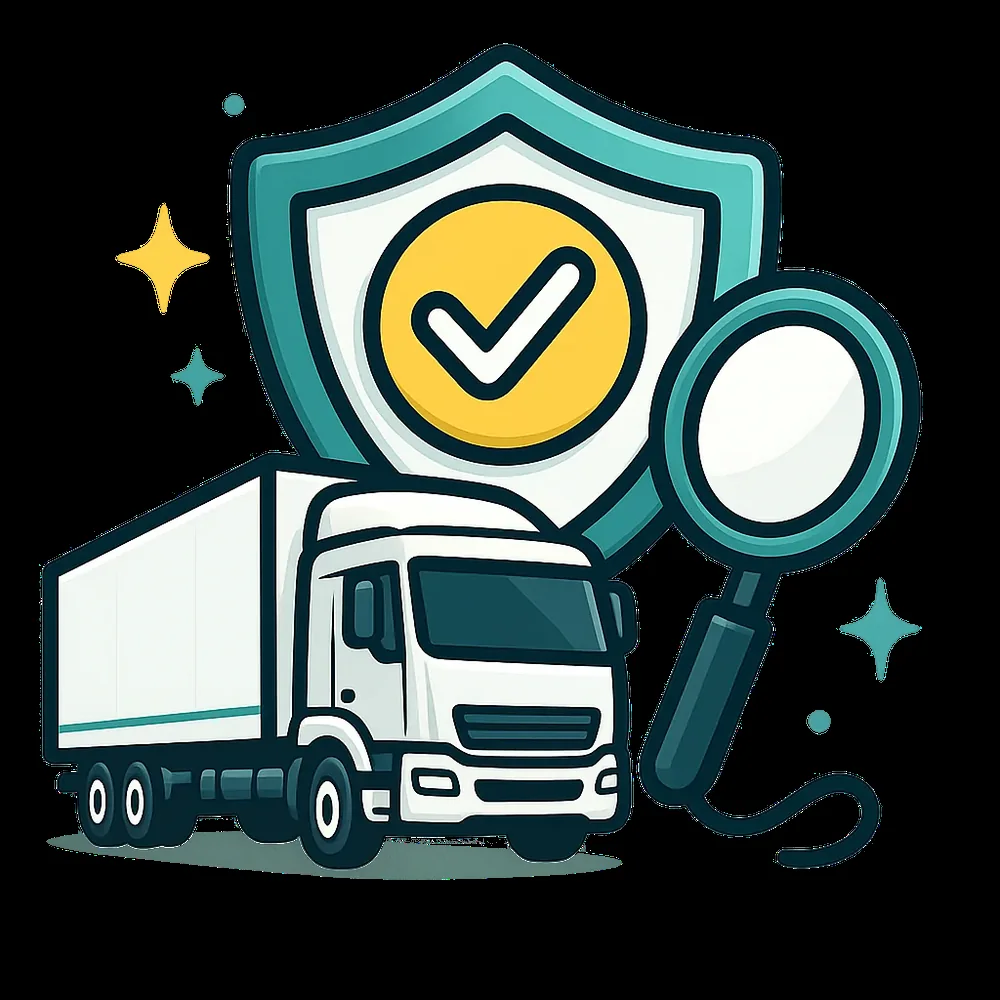 Teal shield with a truck and magnifying glass representing risk and fleet reviews