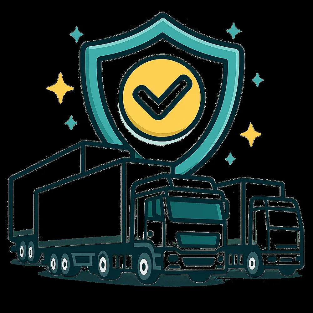 Teal shield with multiple trucks representing support across multiple fleet types