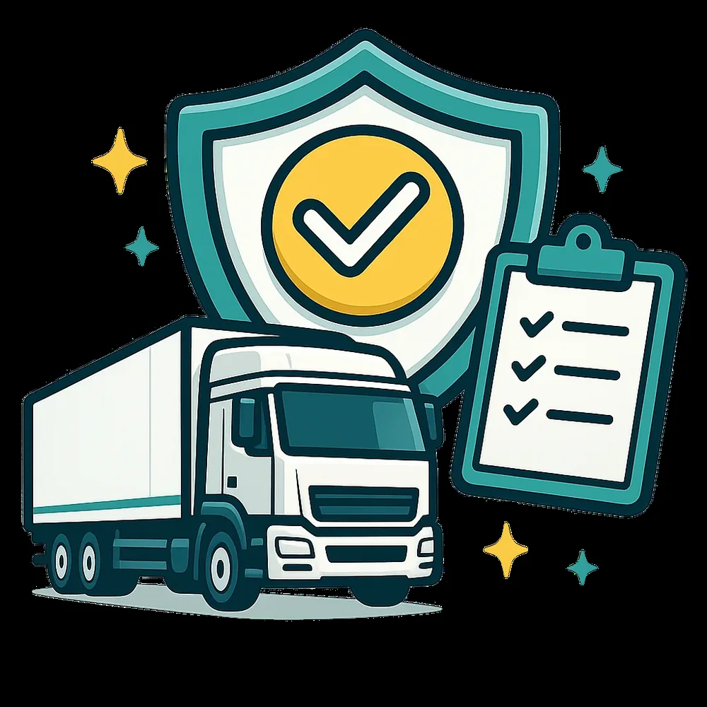 Teal shield with a truck and clipboard representing transport industry understanding